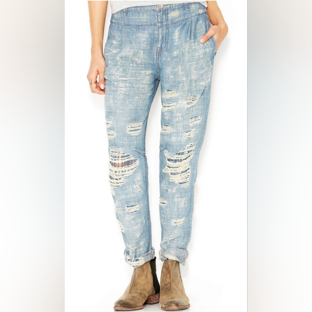 Free People Rugged Destroyed Tapered Boyfriend Jeans